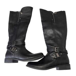 G by Guess Knee Boots Faux Leather Womens Size 8 M Black Side Zipper Buckles
